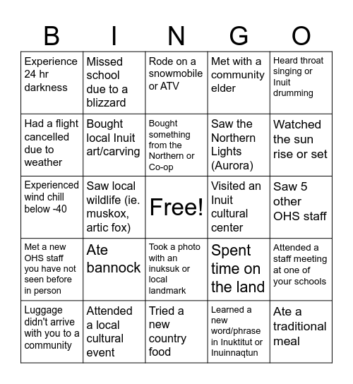 OHS staff BINGO Card