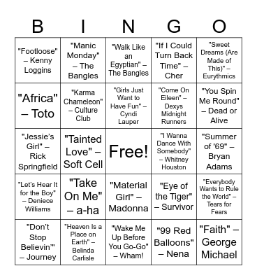 80s Pop Perfection Bingo Card
