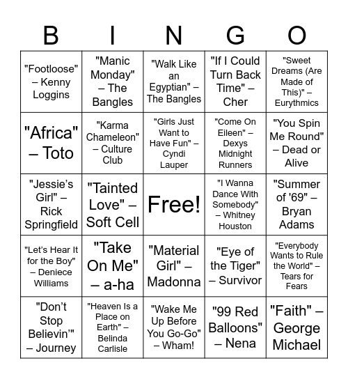 80s Pop Perfection Bingo Card