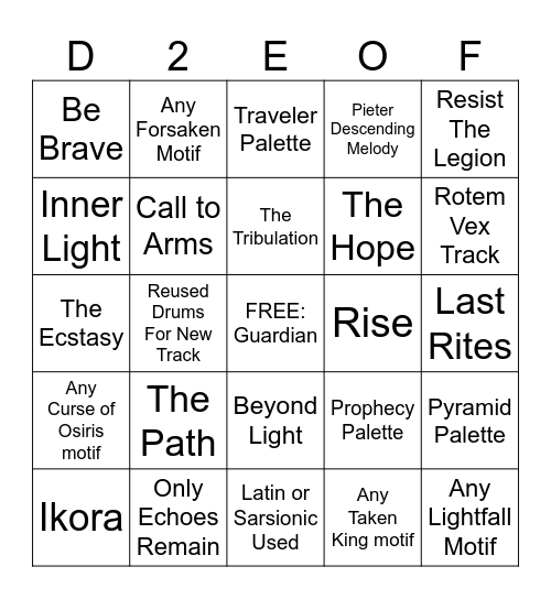 Edge of Fate Soundtrack Bingo Card