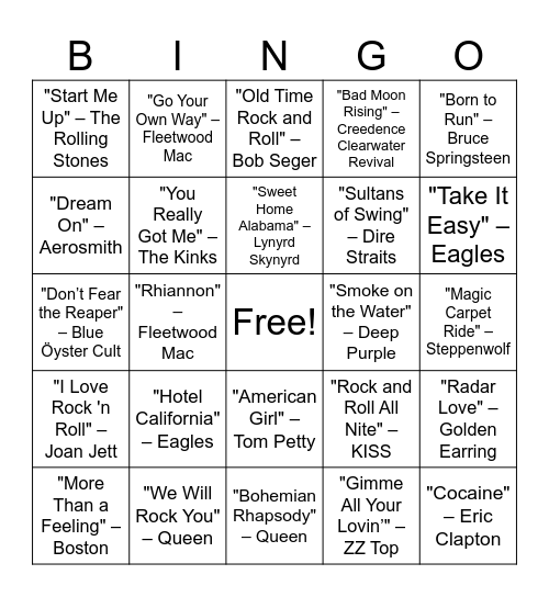 Classic Rock Anthems Bingo Card