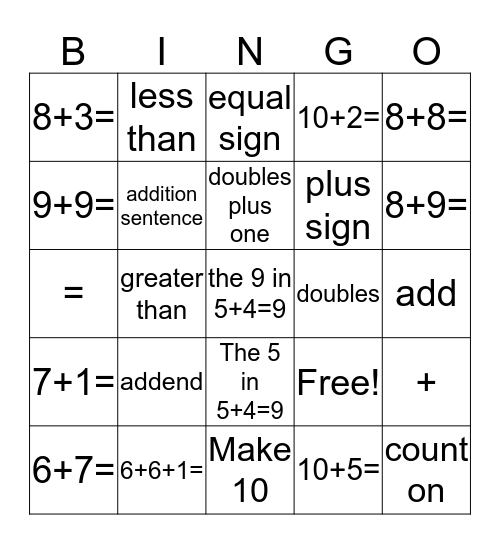 Addition  Bingo Card