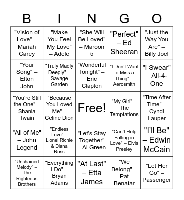 Love Songs Through the Decades Bingo Card