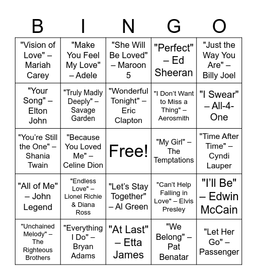 Love Songs Through the Decades Bingo Card