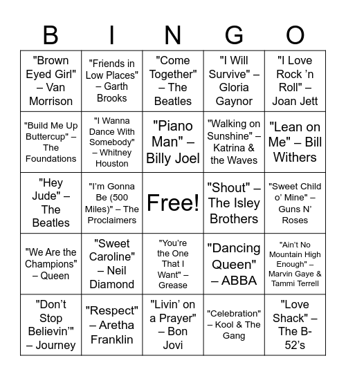 Sing-Along Essentials Bingo Card