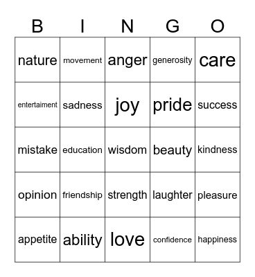 abstract nouns Bingo Card