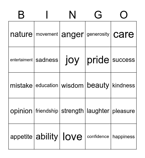 abstract nouns Bingo Card