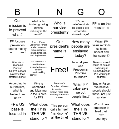 Freedom's Promise Trivia Bingo Card