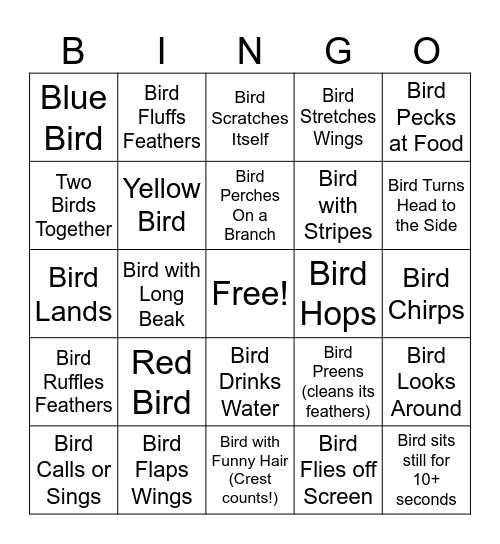 Indoor Bird Watching BINGO Card