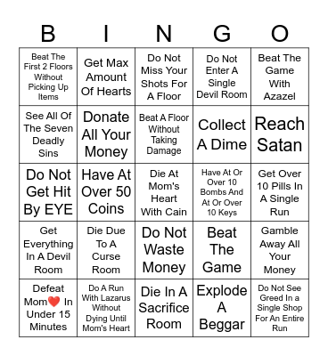 The Binding of Isaac Bingo Card