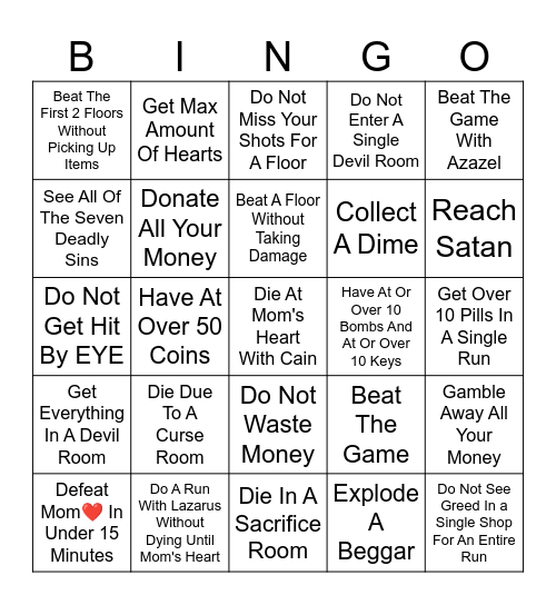 The Binding of Isaac Bingo Card