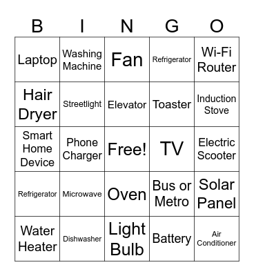 Energy Around Us" – Where We Use It Every Day Bingo Card