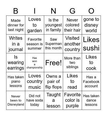Get to Know You Bingo Card