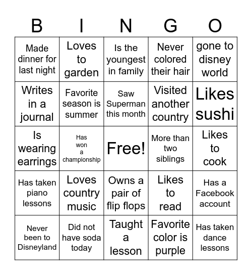 Get to Know You Bingo Card