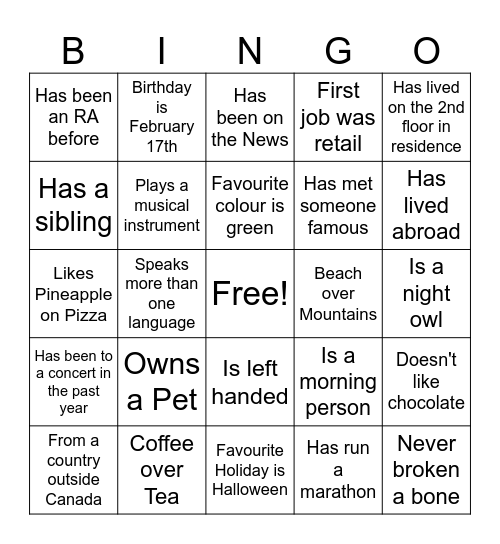 Human Bingo Card