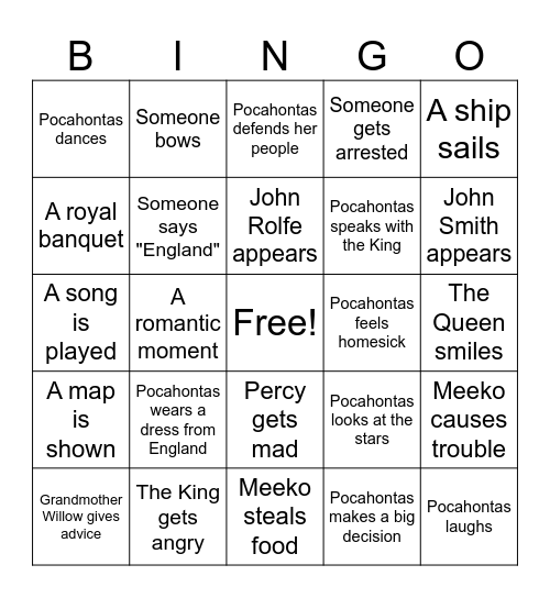 Pocahontas 2 Bingo Card