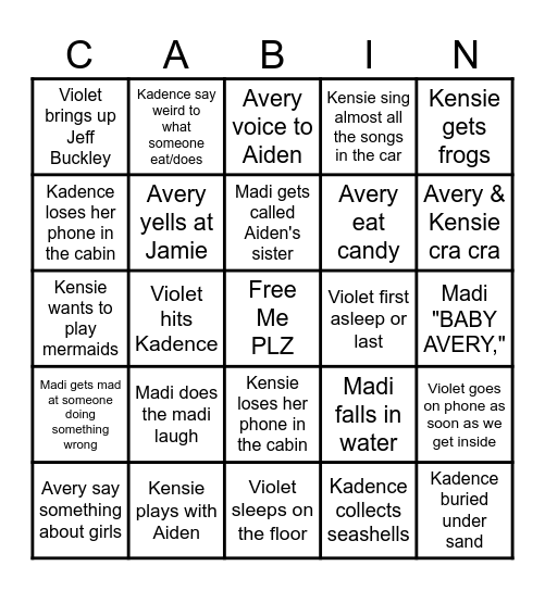 Abery Cabin 2025 Bingo Card