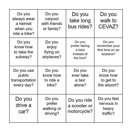 Transportation Bingo Card