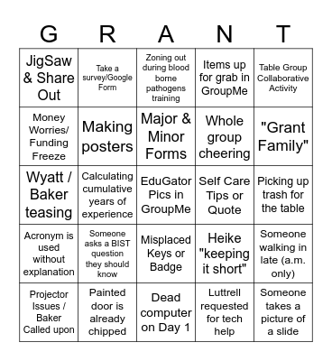 Believe in Grant PD Bingo Card
