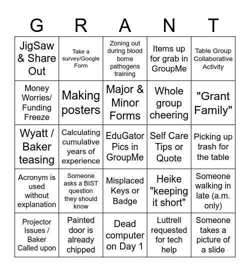 Believe in Grant PD Bingo Card