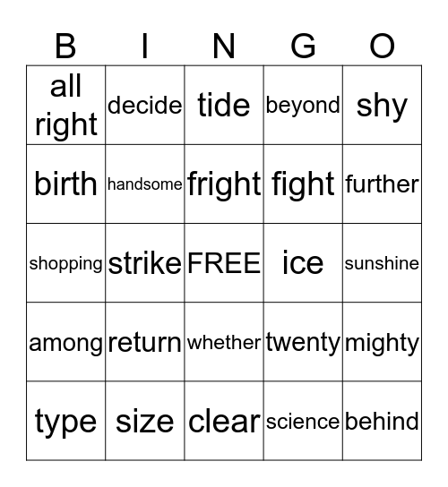 Week 9 Spelling Words Bingo Card