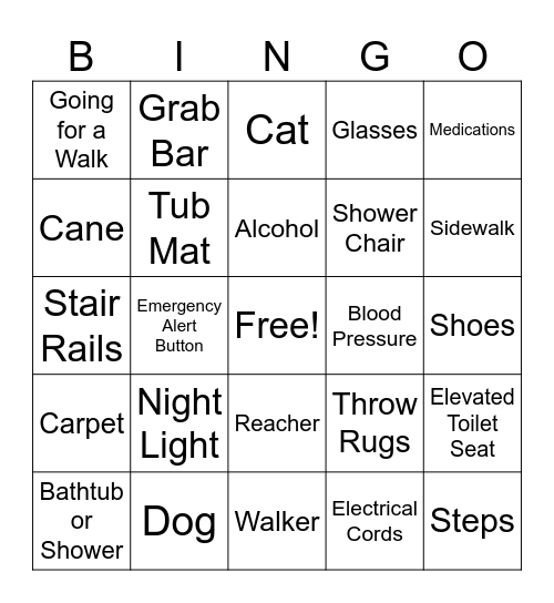 Fall Prevention Bingo Card
