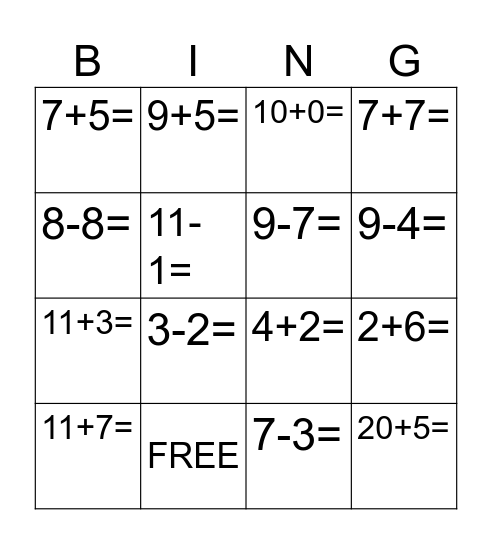 Adding and Subtracting Bingo Card