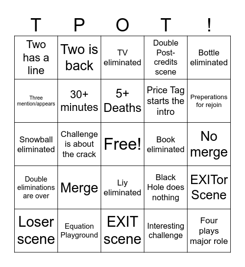 TPOT 19 Bingo Card