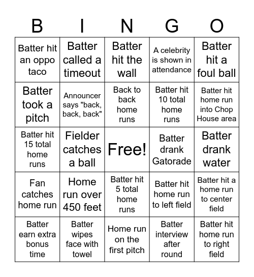 MLB HOME RUN DERBY BINGO Card