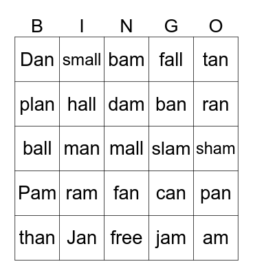 AM Word Family with Sight Words Bingo Card