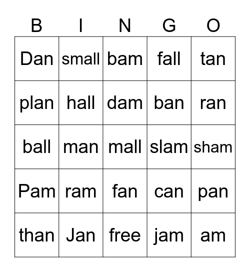 AM Word Family with Sight Words Bingo Card