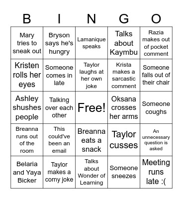 Goddard School Bingo Card
