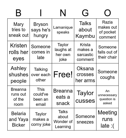 Goddard School Bingo Card