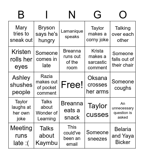 Goddard School Bingo Card