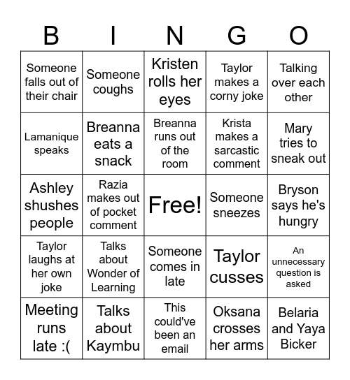 Goddard School Bingo Card