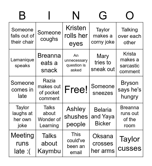 Goddard School Bingo Card