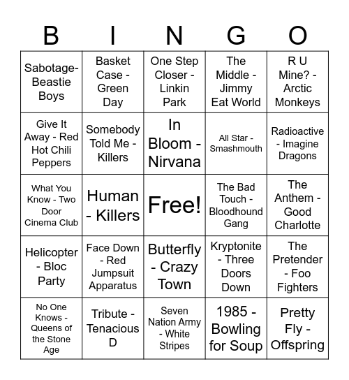 Rock Party Anthems Bingo Card