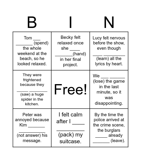 Past Perfect Bingo Card