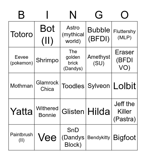 Fav Character Bingo Card