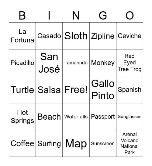 Costa Rica Bingo Card