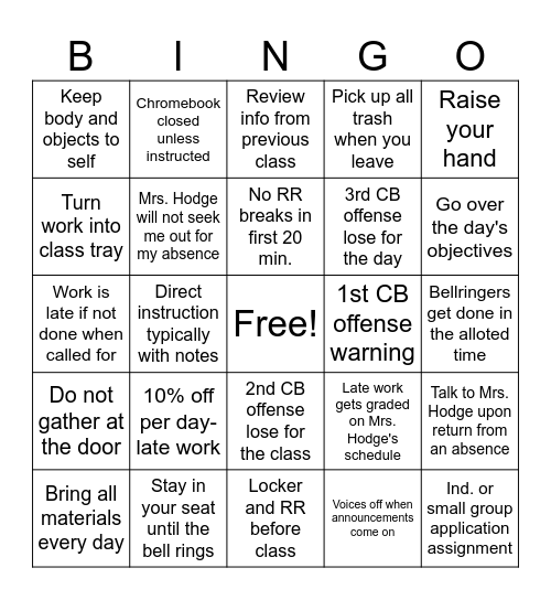 Social Studies Rules and Procedures Bingo Card