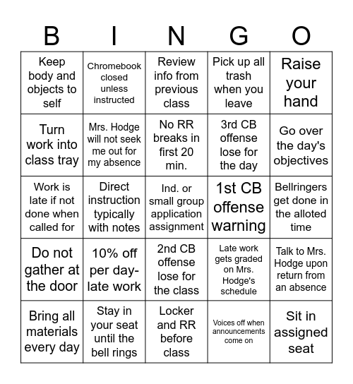 Social Studies Rules and Procedures Bingo Card