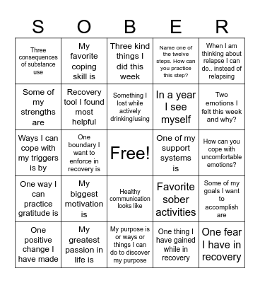 Recovery Bingo Card