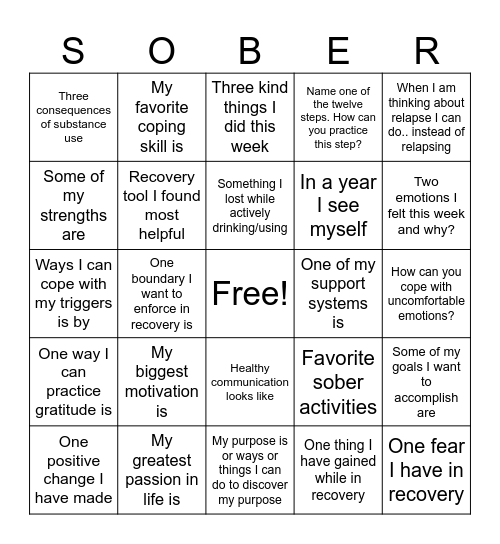 Recovery Bingo Card