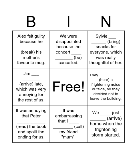 Past Perfect Bingo Card