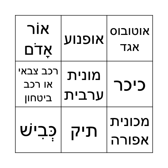 בינגו בדרכים Bingo Card