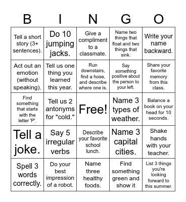 LAST DAY OF CLASS Bingo Card