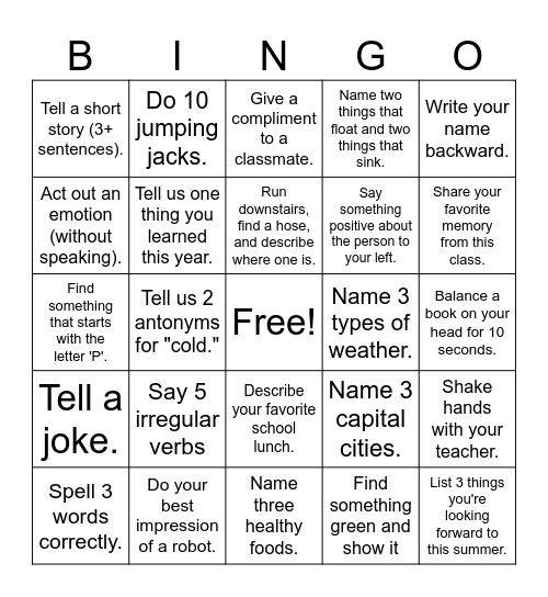 LAST DAY OF CLASS Bingo Card