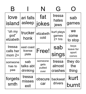 Road Trip Bingo Card