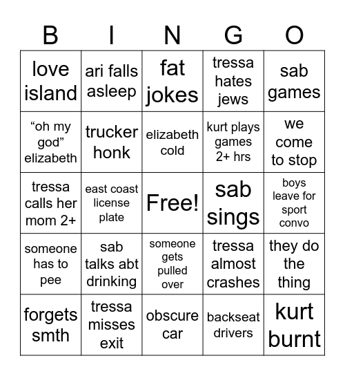 Road Trip Bingo Card